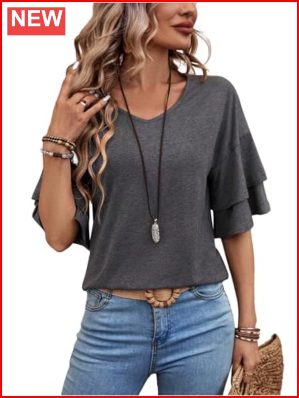 Womens Ruffle 3/4 Sleeve V Neck Blouse Dressy Casual Tunic Top
